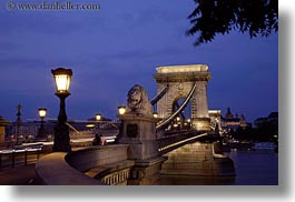 bridge, budapest, europe, heads, horizontal, hungary, lamp posts, lions, long exposure, nite, statues, structures, szechenyi chain bridge, photograph