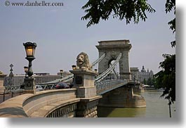 bridge, budapest, europe, heads, horizontal, hungary, lamp posts, lions, structures, szechenyi chain bridge, photograph