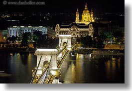 bridge, budapest, down, europe, horizontal, hungary, light streaks, lights, nite, slow exposure, structures, szechenyi chain bridge, tops, views, photograph