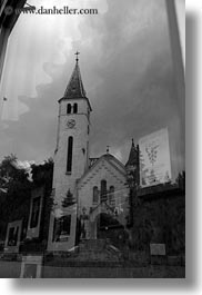 black and white, churches, europe, hungary, reflections, tarcal, vertical, photograph