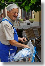 bicycles, clothes, emotions, europe, hats, hungary, men, old, people, smiles, smiling, tarcal, vertical, photograph