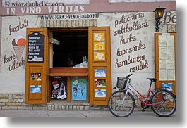 bicycles, europe, foods, horizontal, hungary, shops, signs, tarcal, photograph