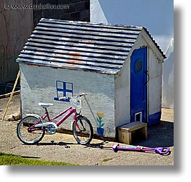 bicycles, connaught, connemara, europe, houses, inishbofin, ireland, irish, mayo county, square format, western ireland, photograph