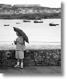 black and white, cork county, europe, ireland, irish, kid, loop head, loophead penninsula, munster, umbrellas, vertical, photograph