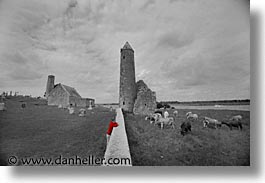 black and white, clonmacnois, county shannon, dublin, europe, horizontal, ireland, irish, round, shannon, shannon river, towers, photograph