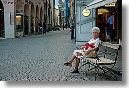 benches, bolzano, dolomites, europe, horizontal, italy, old, people, womens, photograph