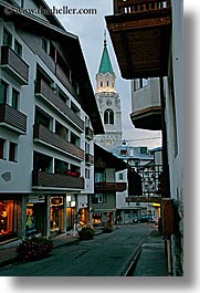 alto adige, cortina, dolomites, europe, italy, shops, steeples, vertical, photograph