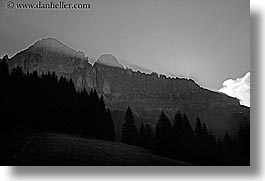 alto adige, black and white, dawn, dolomites, europe, horizontal, italy, latemar, photograph