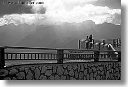 alto adige, black and white, dolomites, europe, horizontal, italy, latemar, mountains, railing, vista, photograph