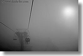 alto adige, black and white, chairs, dolomites, europe, foggy, horizontal, italy, lift, photograph