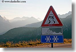 alto adige, dolomites, europe, horizontal, italy, roads, signs, slippery, photograph
