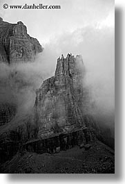alto adige, black and white, dolomites, europe, foggy, italy, mountains, vertical, photograph