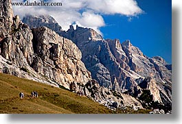alto adige, dolomites, europe, gusela, gusela mountain, hikers, horizontal, italy, mountains, passo giau, photograph