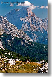 alto adige, dolomites, europe, gusela, gusela mountain, hikers, italy, mountains, passo giau, vertical, photograph