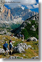 alto adige, dolomites, europe, gusela, gusela mountain, hikers, italy, mountains, passo giau, vertical, photograph