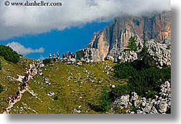 alto adige, dolomites, europe, gusela, gusela mountain, hikers, horizontal, italy, mountains, passo giau, photograph