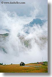 alto adige, dolomites, europe, fog, huts, italy, passo giau, vertical, photograph