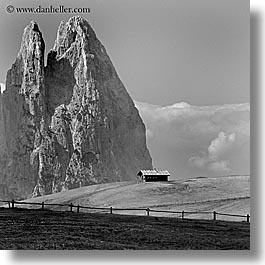 alto adige, black and white, dolomites, europe, houses, italy, mountains, rosengarten, square format, photograph