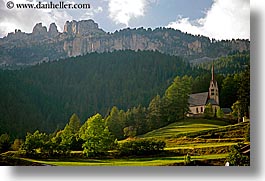 alto adige, churches, dolomites, europe, horizontal, italy, mountains, rosengarten, trees, valley, photograph