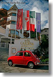 alto adige, cars, dolomites, europe, gardena, hotels, italy, red, st ulrich, vertical, photograph