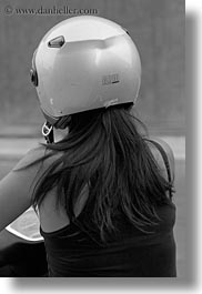 black and white, europe, gallipoli, helmets, italy, motorcycles, people, puglia, transportation, vertical, womens, photograph