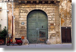 doors, europe, green, horizontal, italy, lecce, moped, puglia, red, photograph