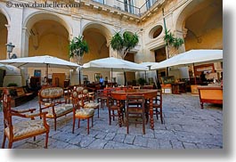 chairs, courtyard, europe, horizontal, italy, lecce, puglia, tables, photograph