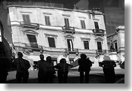 abstracts, arts, black and white, buildings, europe, horizontal, italy, lecce, people, puglia, refection, reflections, silhouettes, photograph