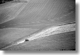 black and white, europe, hills, horizontal, italy, matera, puglia, scenics, tractor, photograph