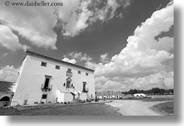 black and white, clouds, europe, horizontal, houses, italy, main, masseria murgia albanese, noci, puglia, photograph