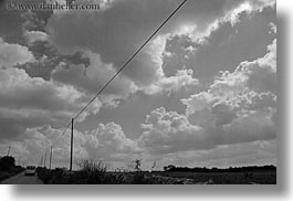 black and white, clouds, europe, horizontal, italy, noci, puglia, telephones, trees, wires, photograph