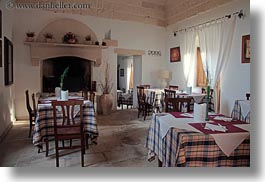 bandino masseria, dining, europe, fireplace, horizontal, italy, otranto, puglia, rooms, tables, photograph