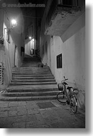 bicycles, bikes, black and white, europe, italy, nite, otranto, puglia, stairs, vertical, photograph