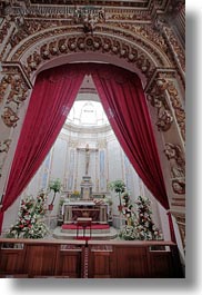 altar, churches, curtains, europe, italy, otranto, puglia, red, vertical, photograph