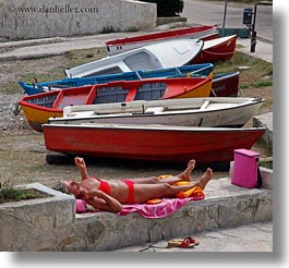 boats, colorful, europe, italy, porticciolo, puglia, square format, sunbathing, womens, photograph