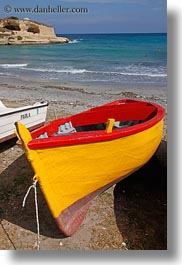 beaches, boats, europe, italy, porticciolo, puglia, vertical, yellow, photograph