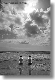 beaches, black and white, chairs, clouds, coast, europe, italy, porticciolo, puglia, two, vertical, womens, photograph