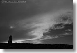 black and white, clouds, europe, horizontal, italy, puglia, seaside, silhouettes, towers, photograph
