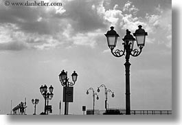 abstracts, black and white, clouds, europe, horizontal, italy, puglia, street lamps, taranto, photograph
