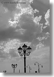 abstracts, black and white, clouds, europe, italy, puglia, street lamps, taranto, vertical, photograph