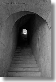 archways, black and white, buildings, europe, italy, puglia, stairs, trani, under, vertical, photograph