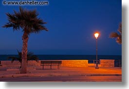 benches, dusk, europe, horizontal, italy, palms, puglia, seawall, sunsets, trani, trees, photograph