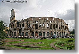 architectural ruins, archways, buildings, colosseum, europe, horizontal, italy, landmarks, lawn, rome, structures, photograph