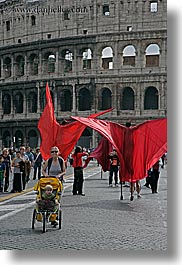 architectural ruins, archways, buildings, colors, colosseum, europe, italy, jack and jill, landmarks, people, red, rome, stilts, structures, vertical, photograph