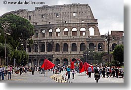 architectural ruins, archways, buildings, colors, colosseum, europe, horizontal, italy, landmarks, people, red, rome, stilts, structures, photograph