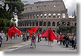 colosseum, europe, horizontal, italy, people, red, rome, stilts, photograph