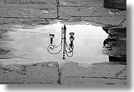 black and white, europe, horizontal, italy, lamp posts, puddle, reflections, rome, photograph