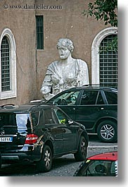 cars, europe, italy, marble, parked, rome, statues, vertical, photograph