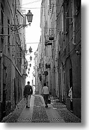 alghero, black and white, europe, italy, lamps, sardinia, streets, vertical, photograph