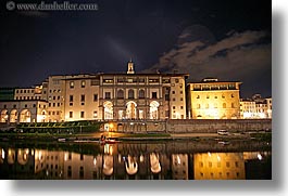 buildings, europe, florence, horizontal, italy, long exposure, museums, nite, reflections, rivers, tuscany, uffizio, photograph